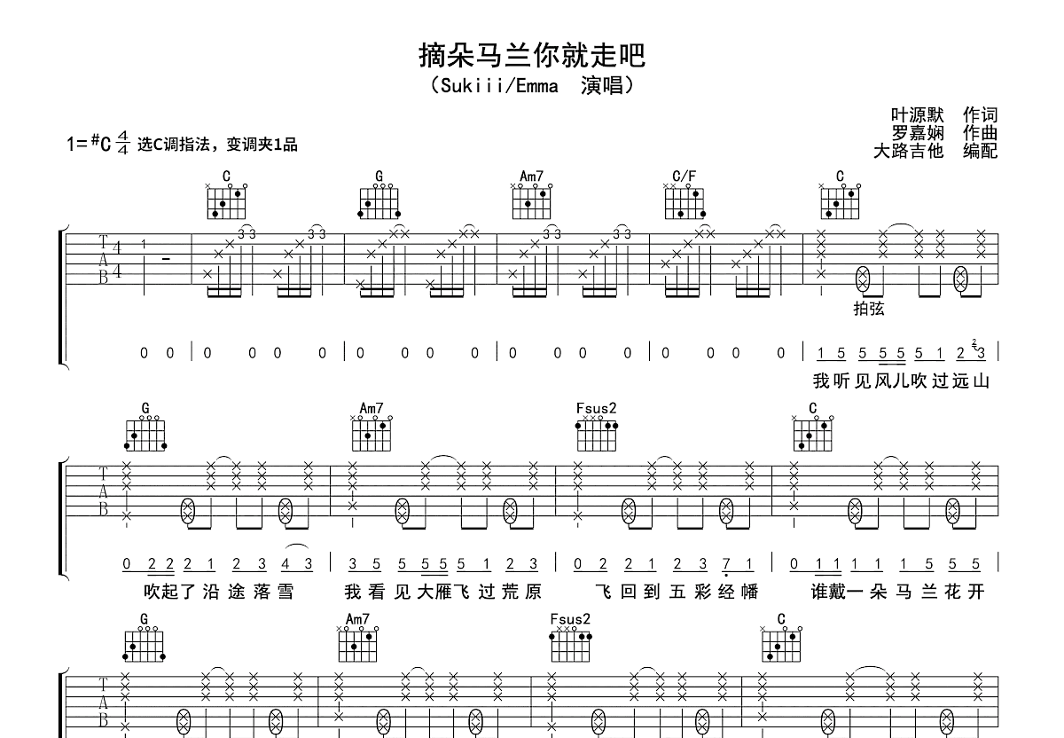 摘朵马兰你就走吧吉他谱预览图