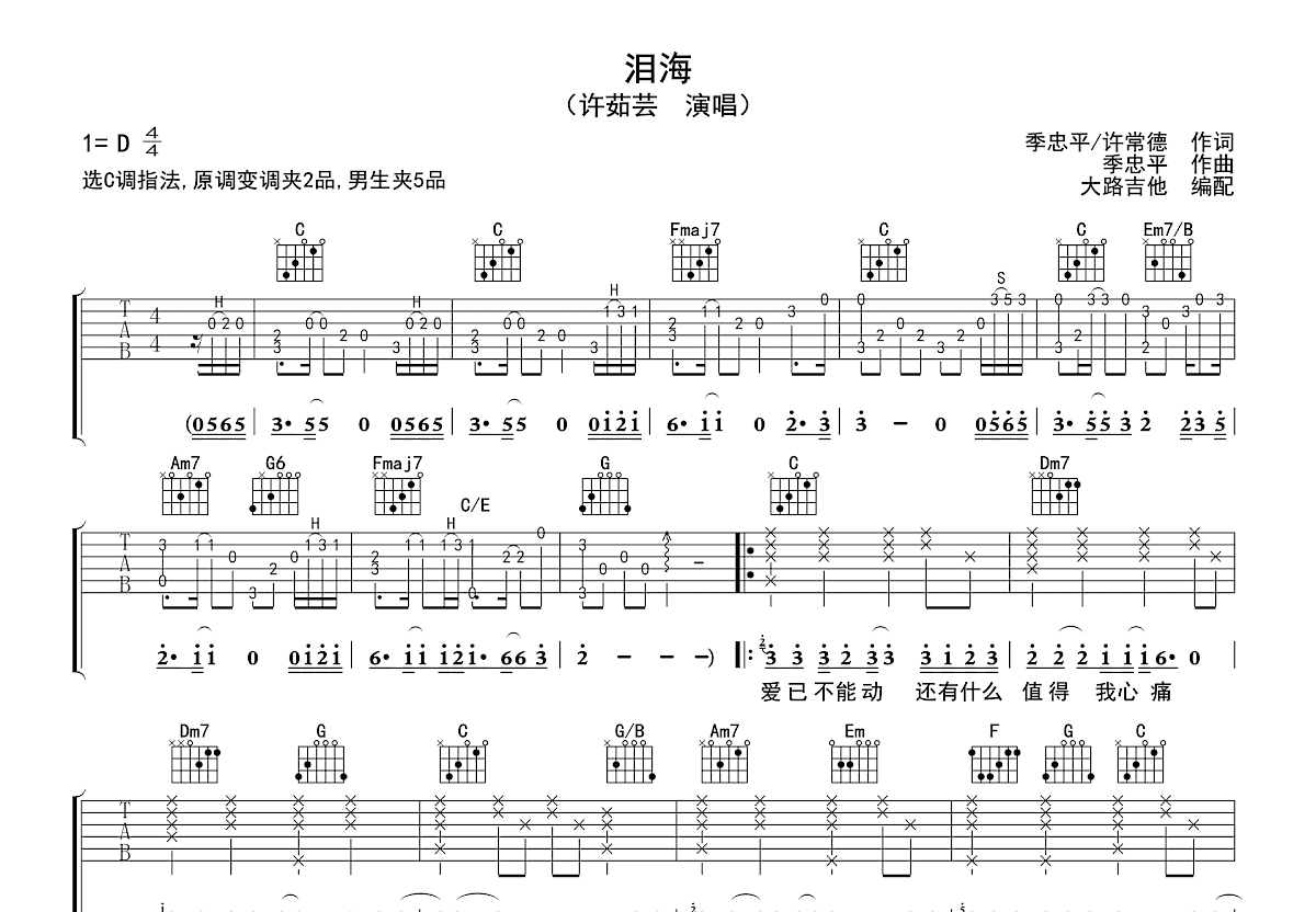泪海吉他谱预览图