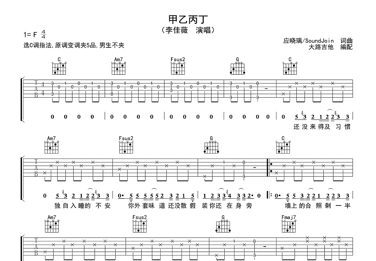 甲乙丙丁吉他谱_李佳薇_C调弹唱