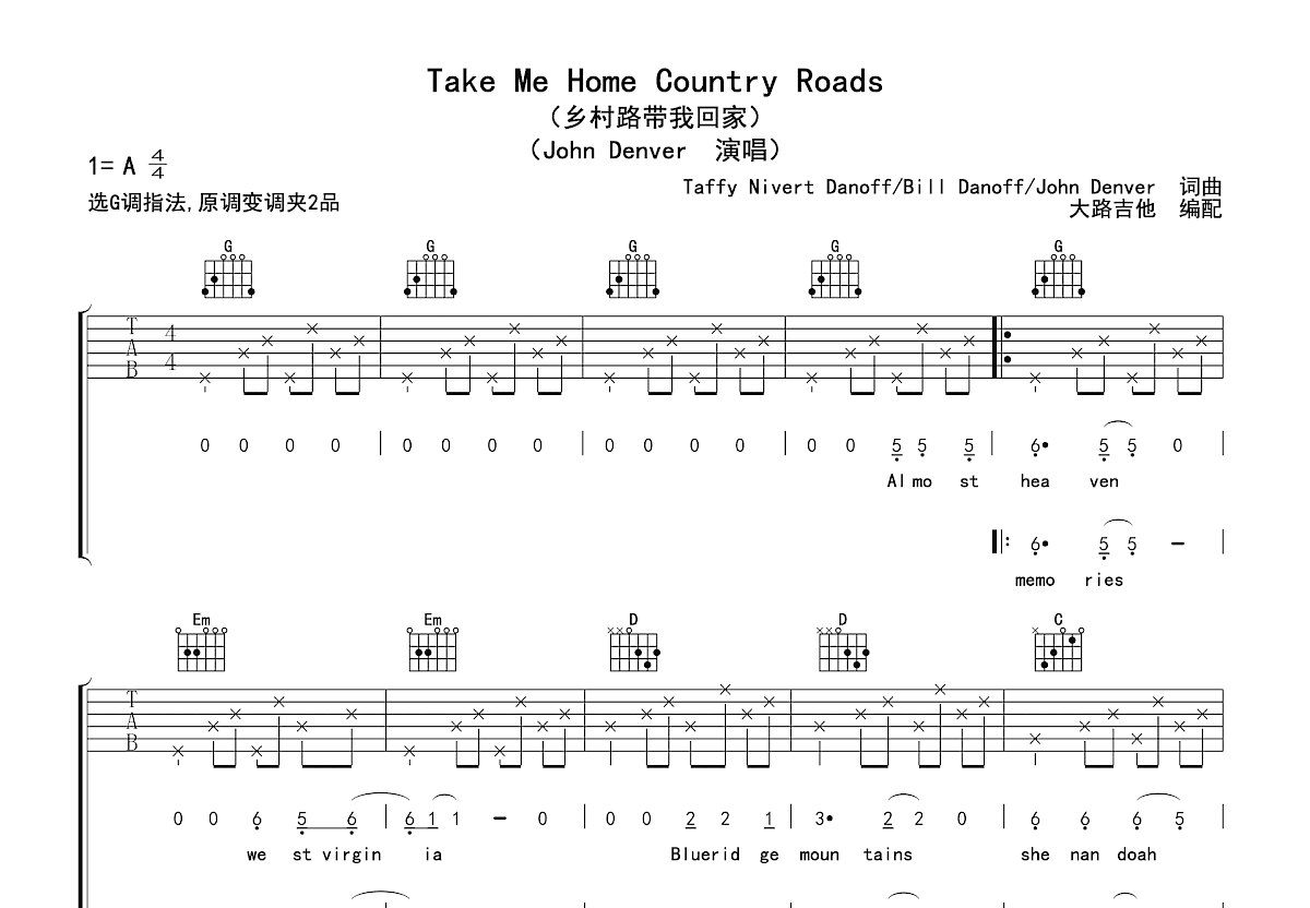 Take Me Home Country Road吉他谱预览图