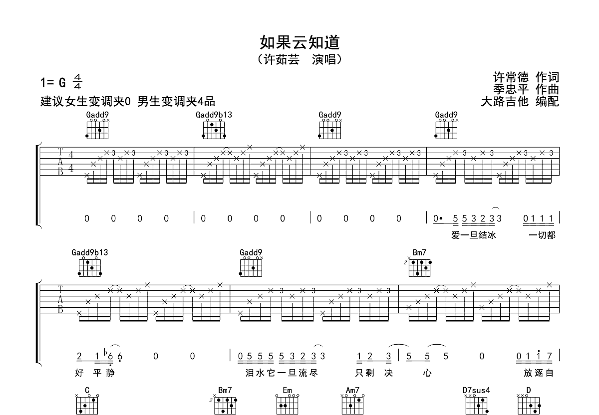 如果云知道吉他谱预览图
