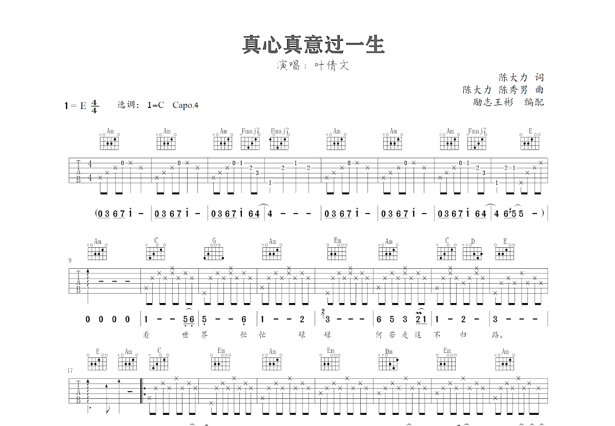 真心真意过一生吉他谱预览图