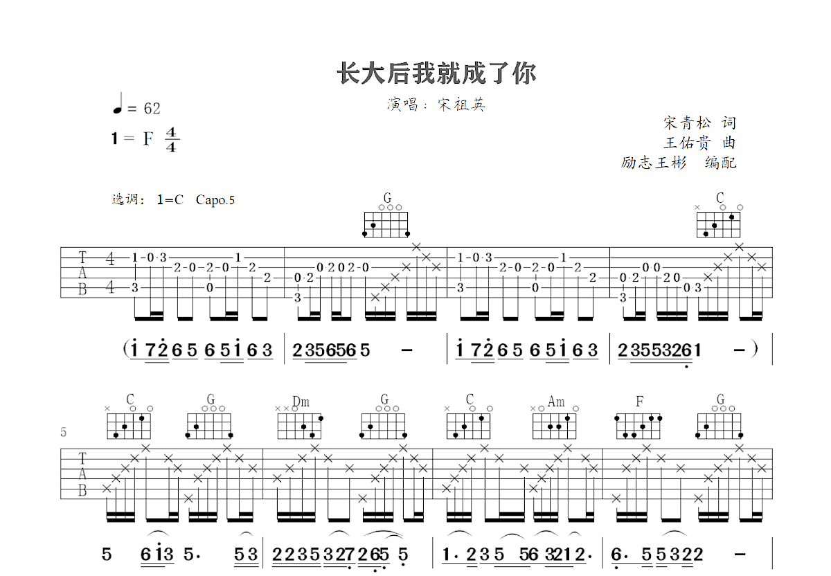 长大后我就成了你吉他谱预览图