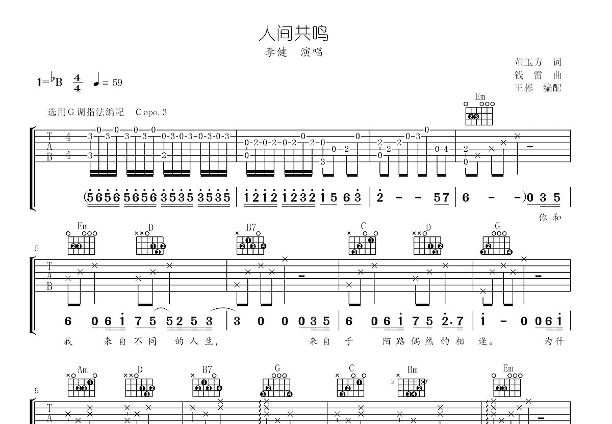 人间共鸣吉他谱预览图