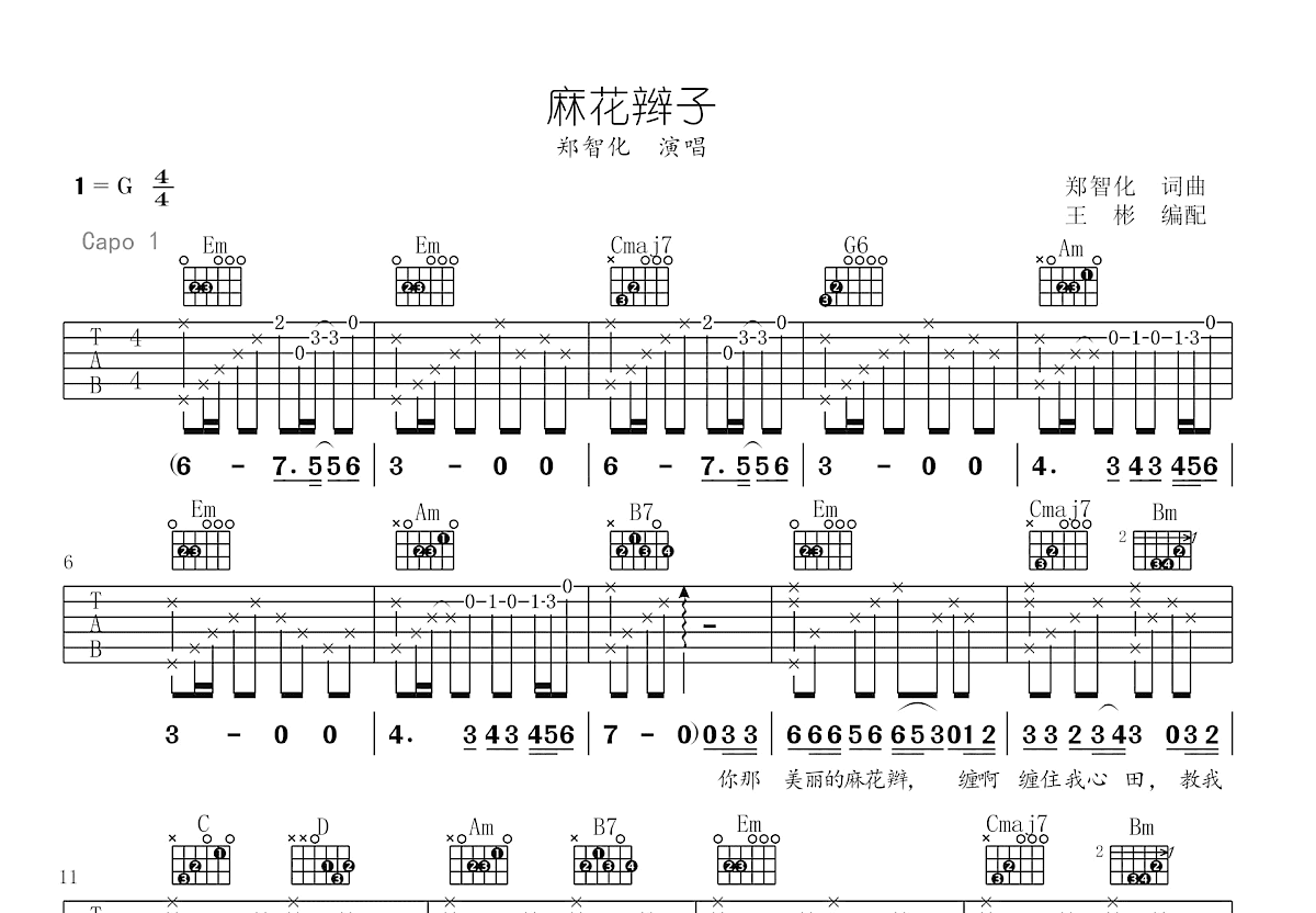 麻花辫子吉他谱预览图