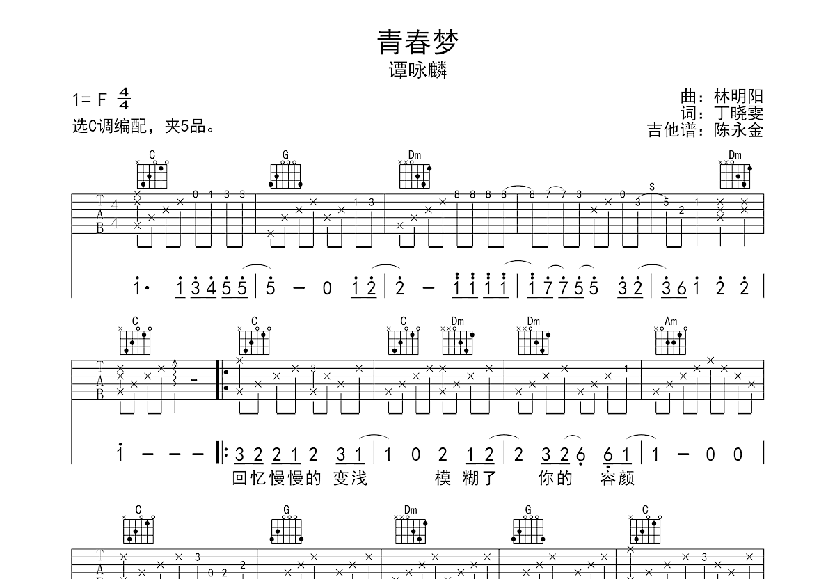 青春梦吉他谱预览图