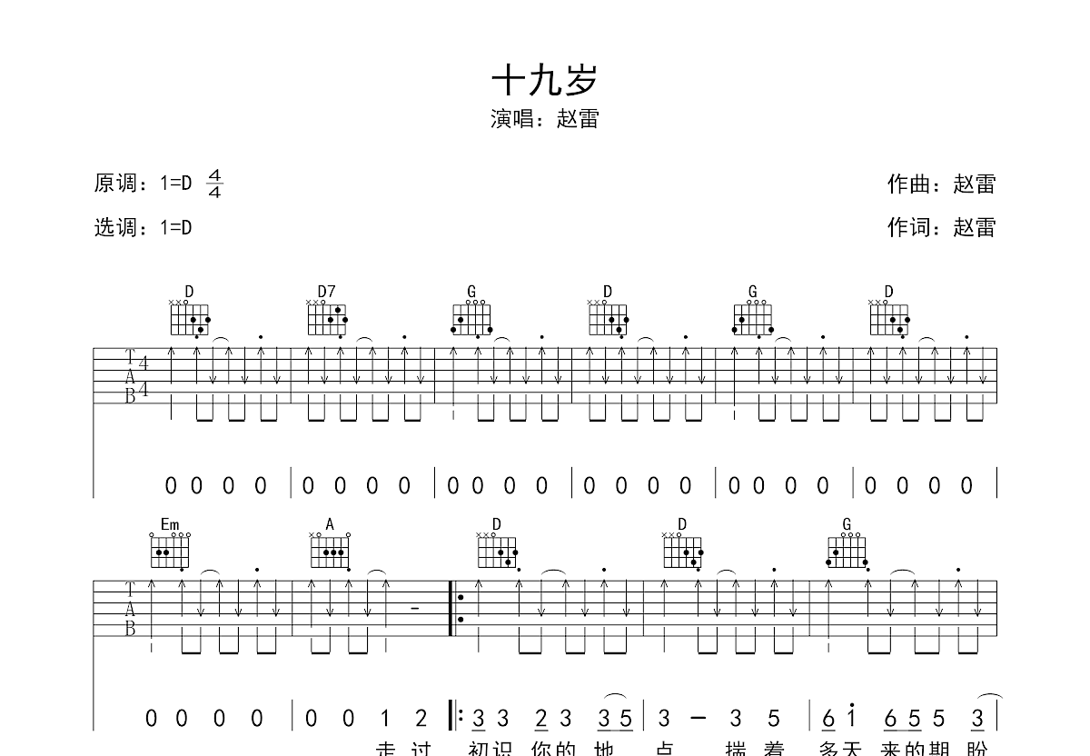 十九岁吉他谱预览图