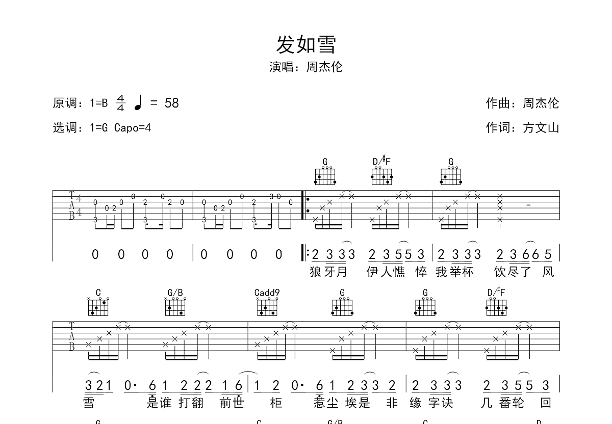 发如雪吉他谱预览图