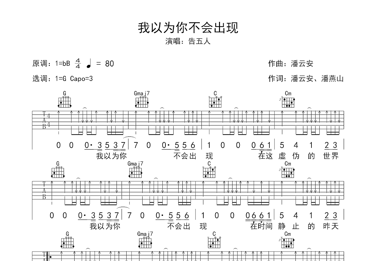 我以为你不会出现吉他谱预览图