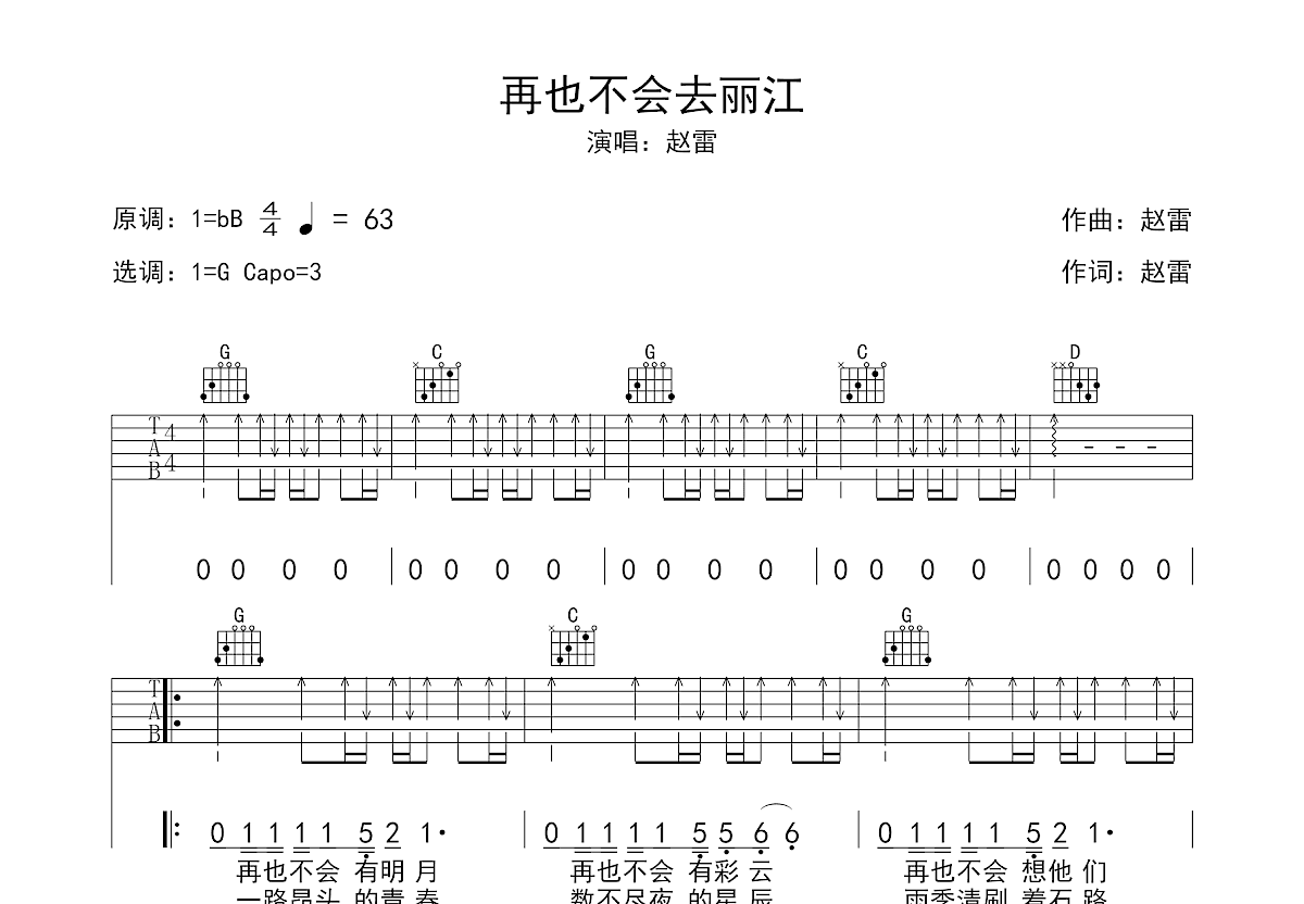 再也不会去丽江吉他谱预览图