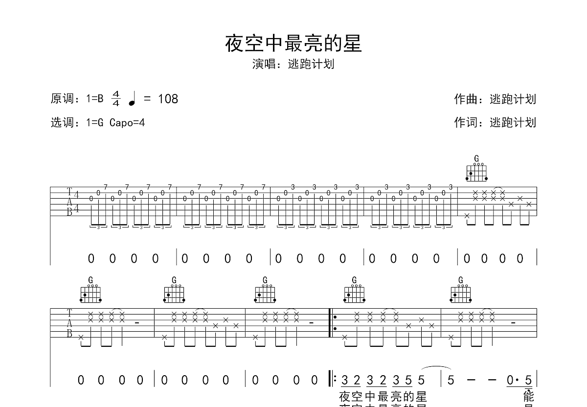 夜空中最亮的星吉他谱预览图