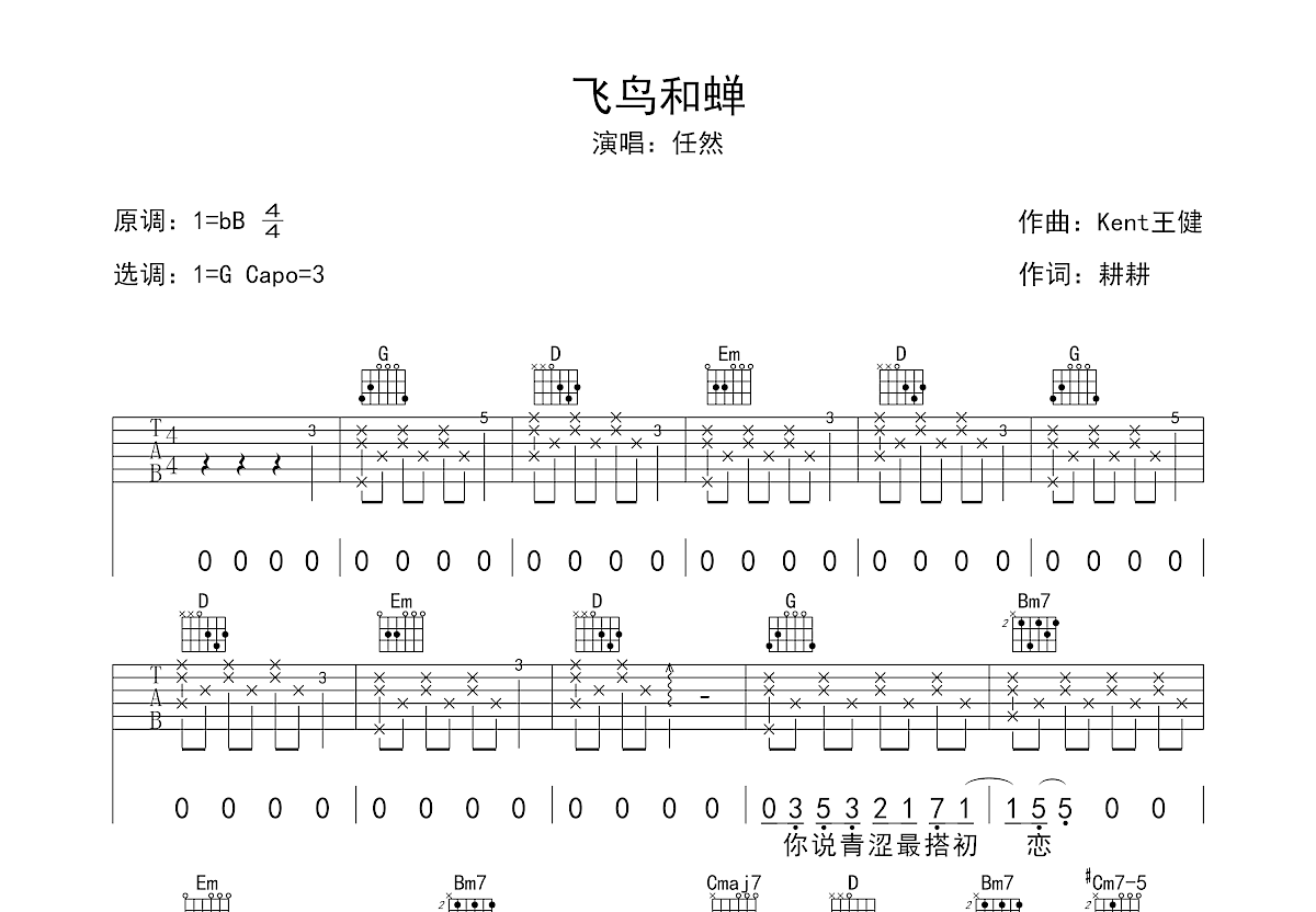 飞鸟和蝉吉他谱预览图