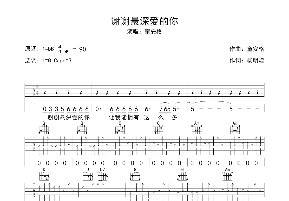 谢谢最深爱的你吉他谱预览图