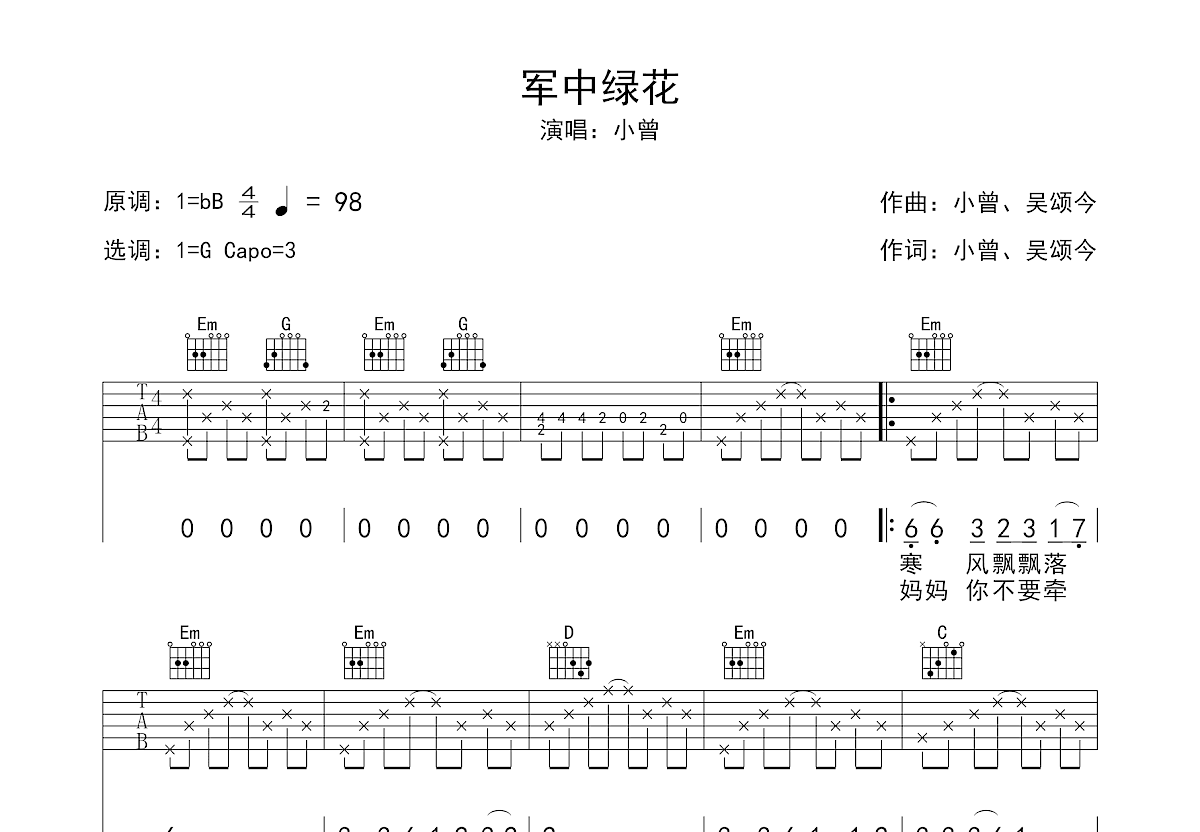 军中绿花吉他谱预览图