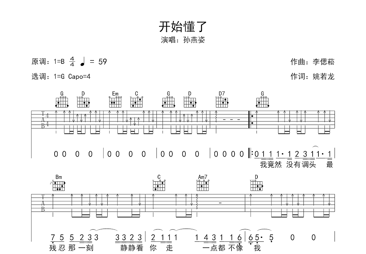 开始懂了吉他谱预览图