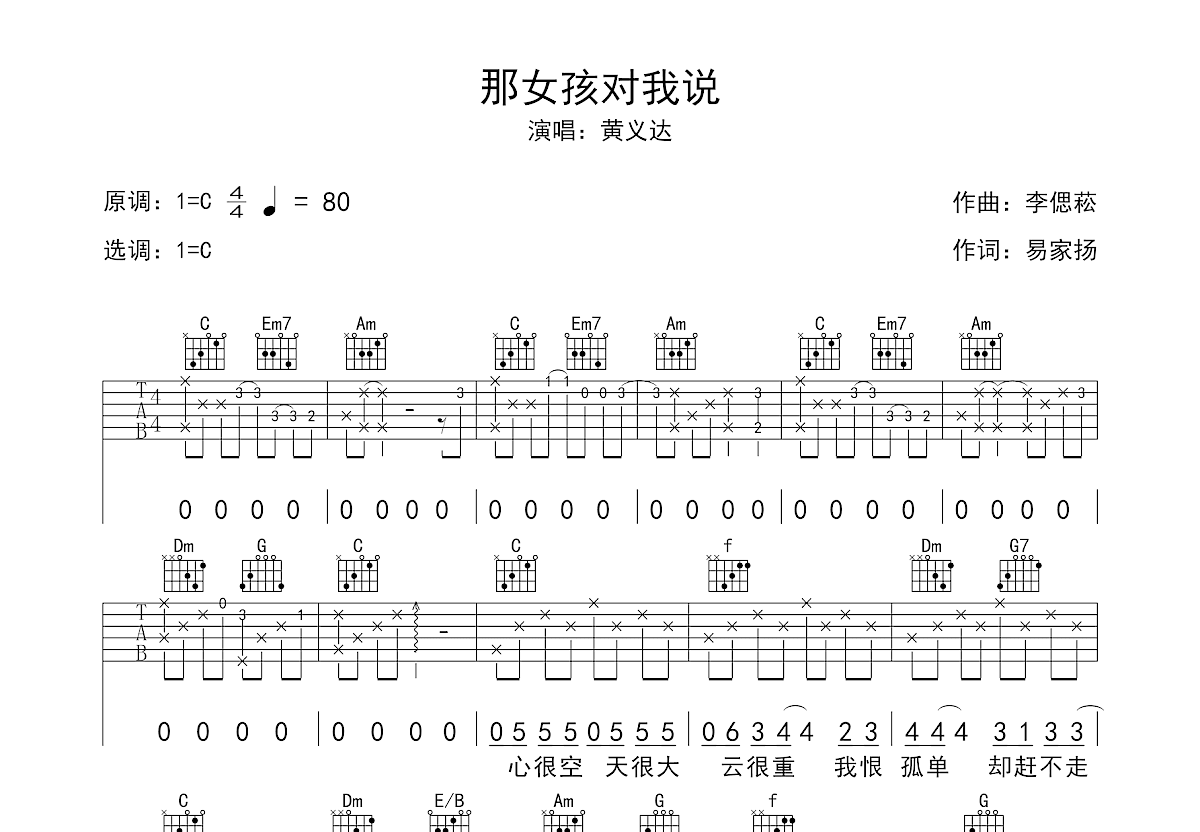 那女孩对我说吉他谱预览图