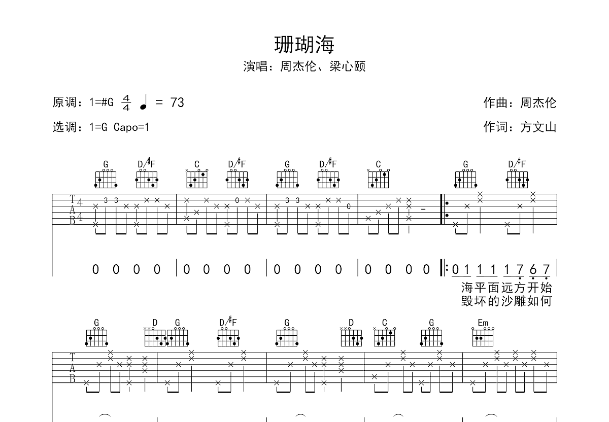 珊瑚海吉他谱预览图