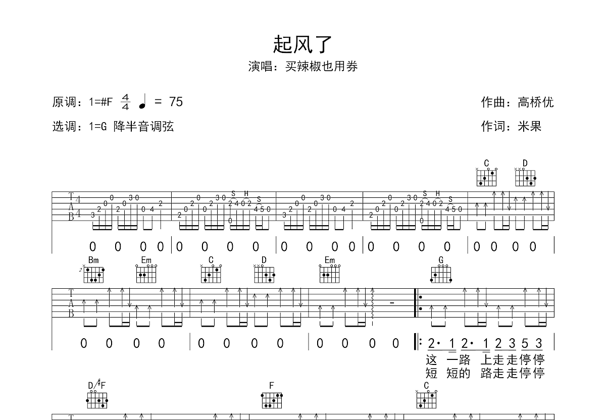 起风了吉他谱预览图