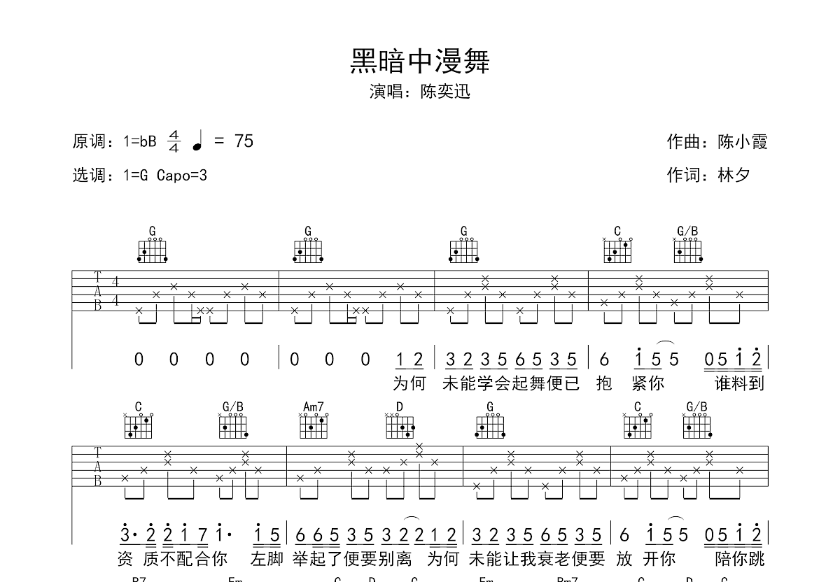 黑暗中漫舞吉他谱预览图