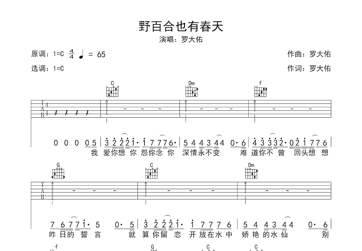 野百合也有春天吉他谱预览图