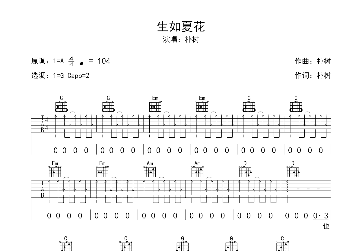 生如夏花吉他谱预览图