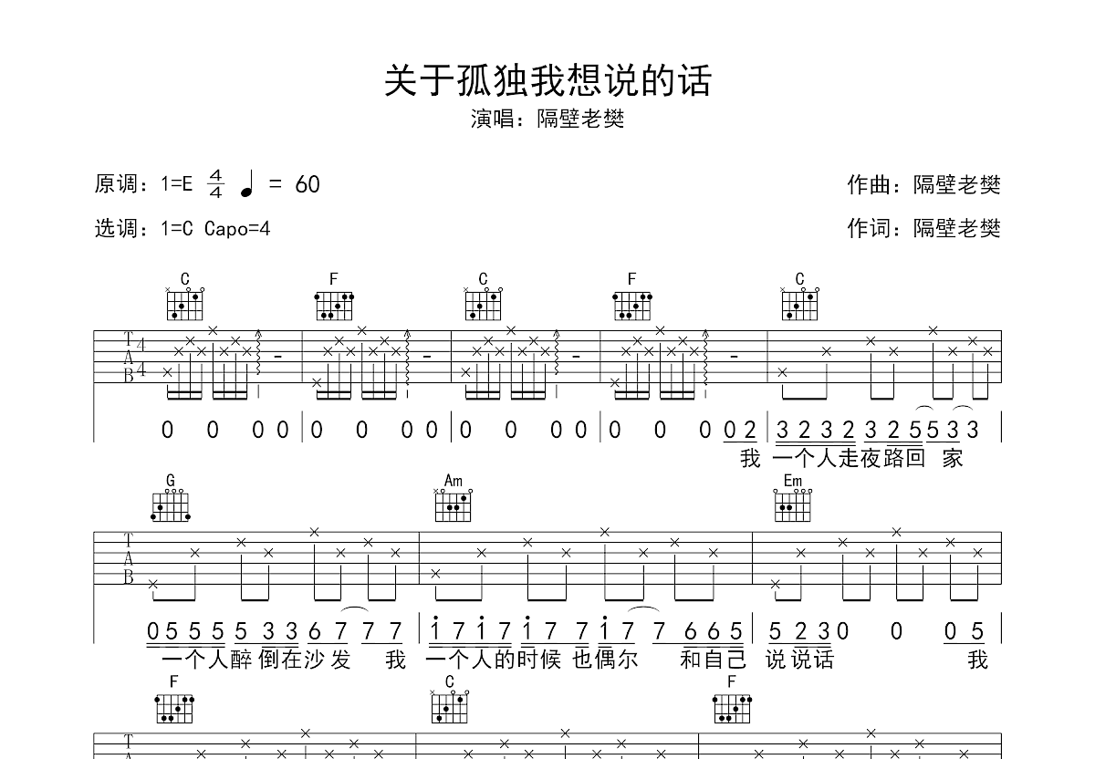 关于孤独我想说的话吉他谱预览图