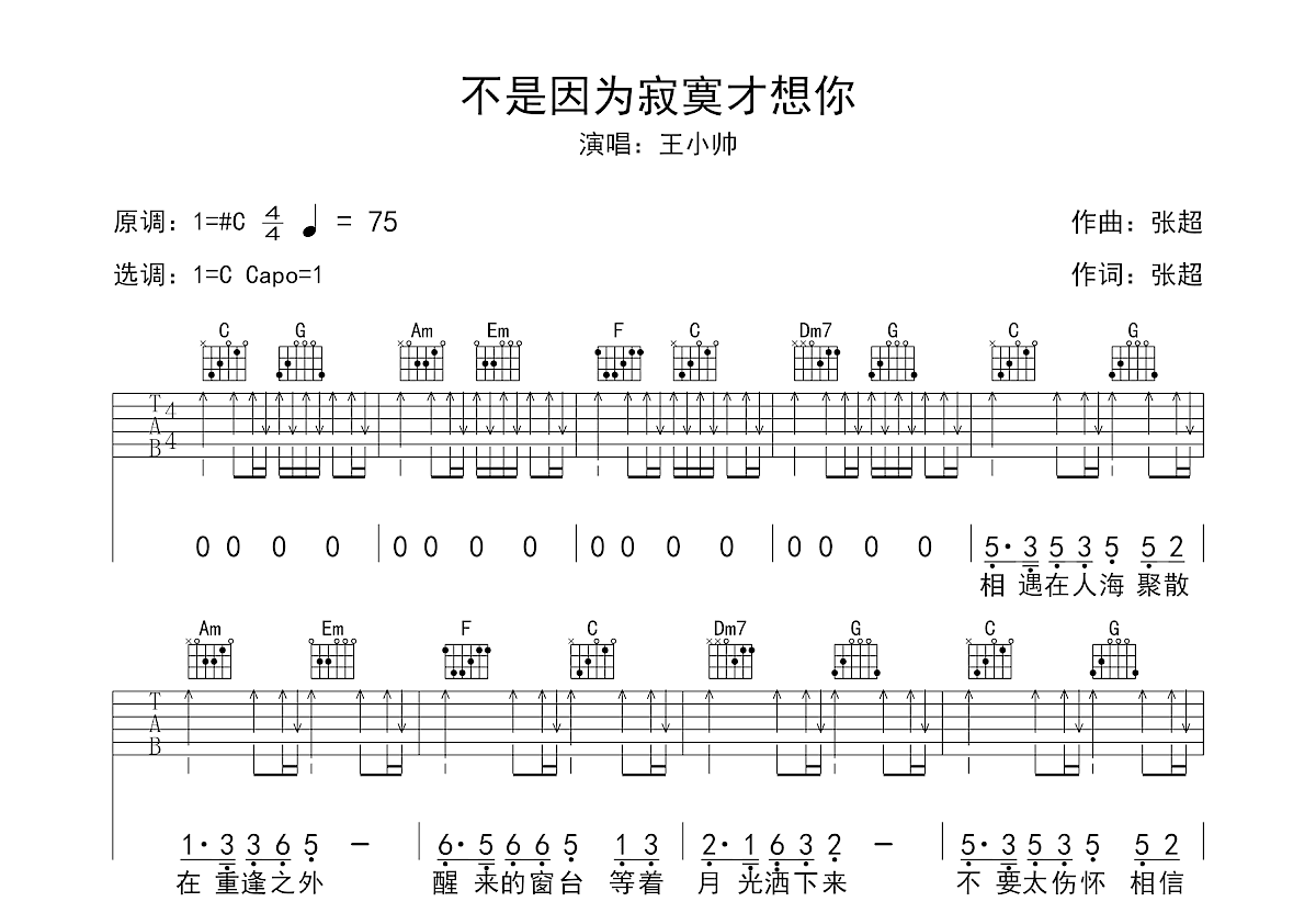 不是因为寂寞才想你吉他谱预览图