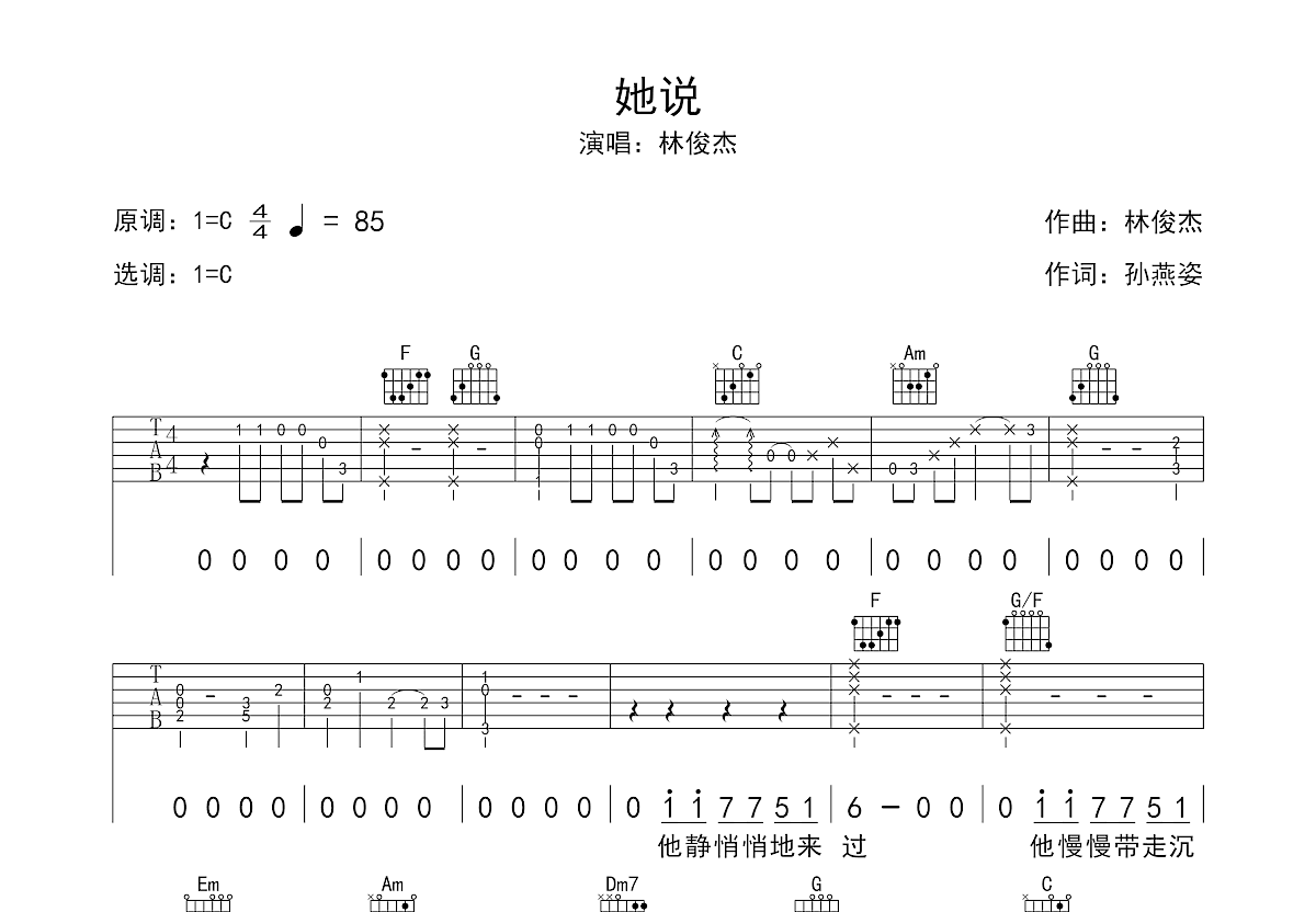 她说吉他谱预览图