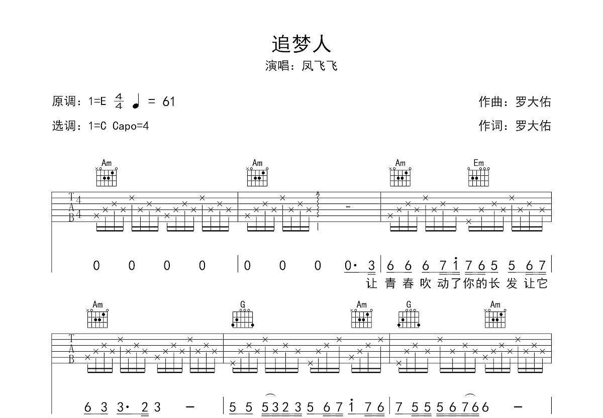 追梦人吉他谱_凤飞飞_C调弹唱