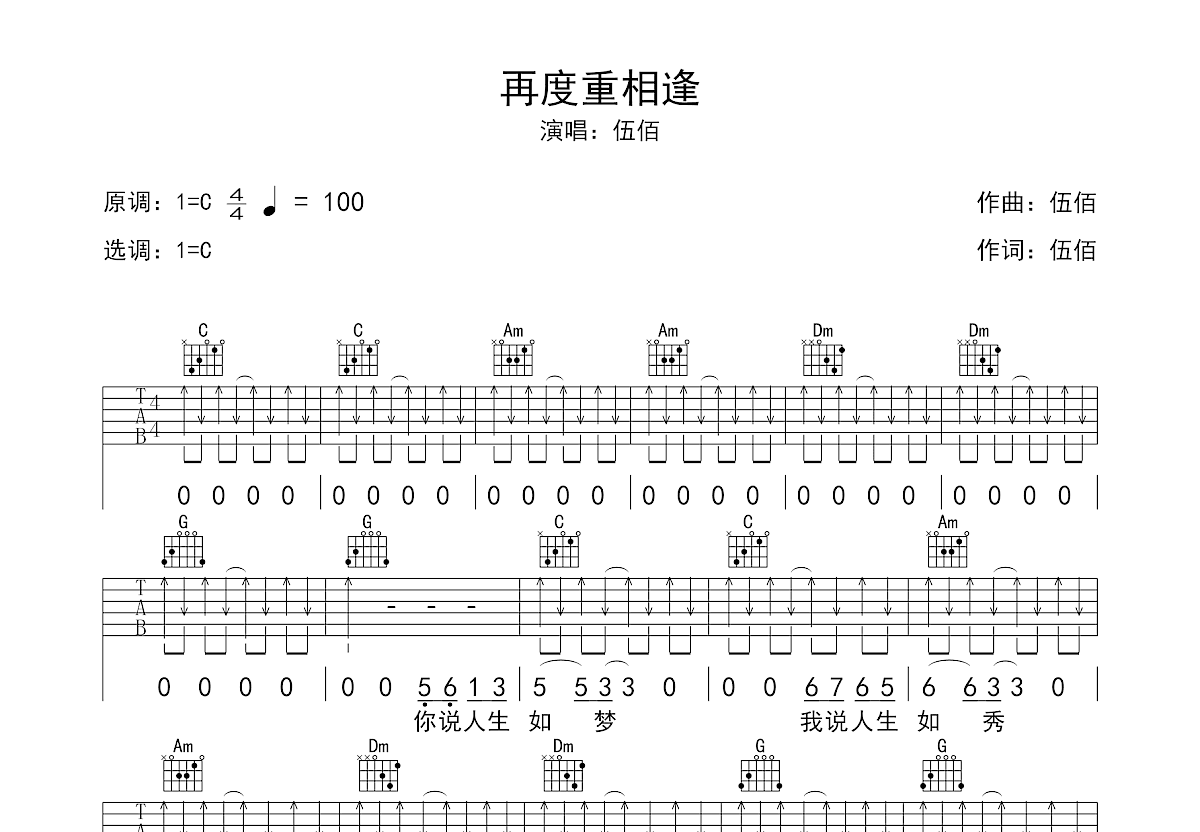 再度重相逢吉他谱预览图