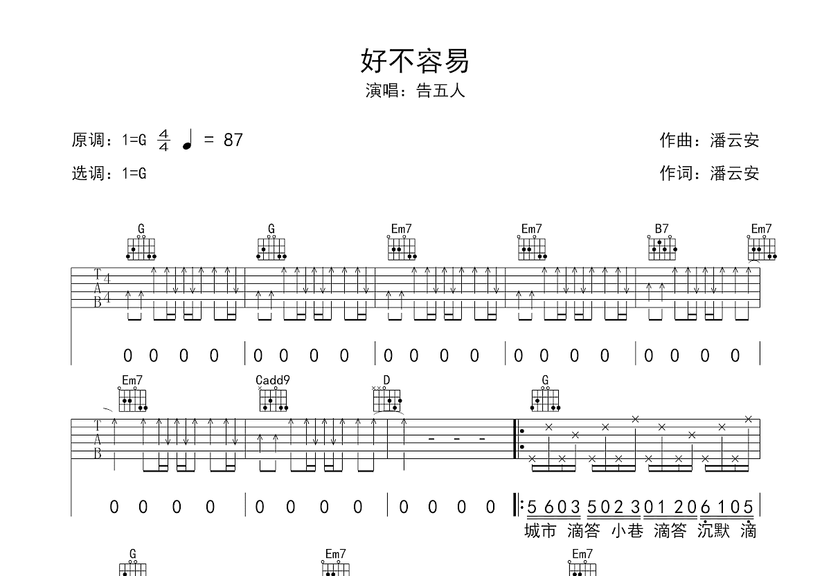 好不容易吉他谱预览图