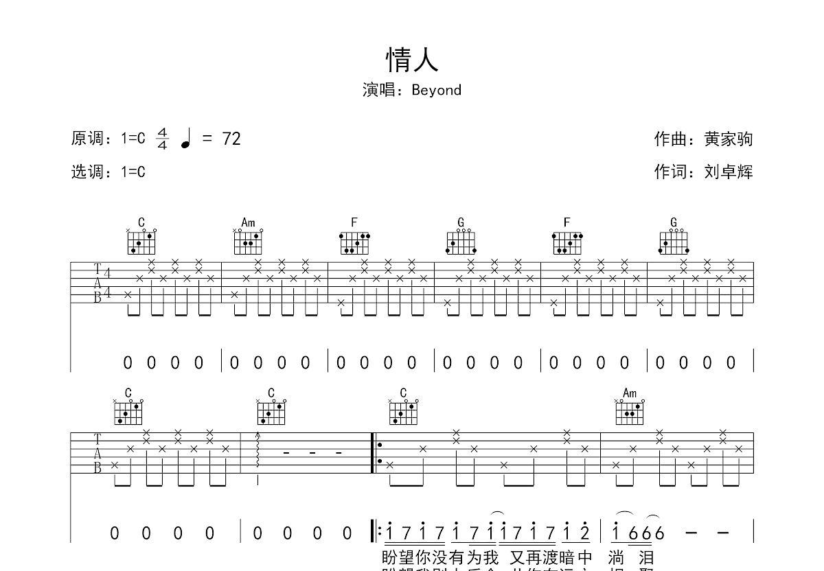 情人吉他谱_Beyond_C调弹唱
