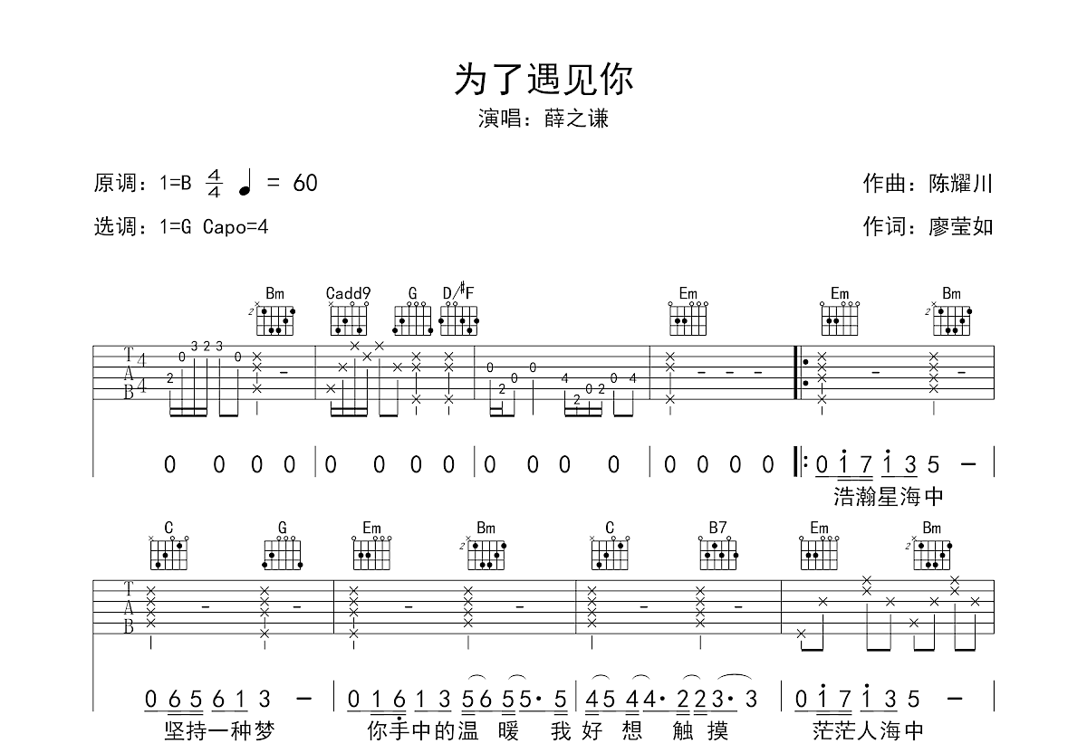 为了遇见你吉他谱预览图