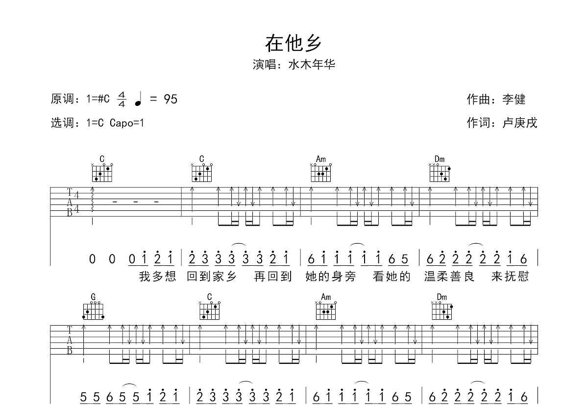 在他乡吉他谱预览图