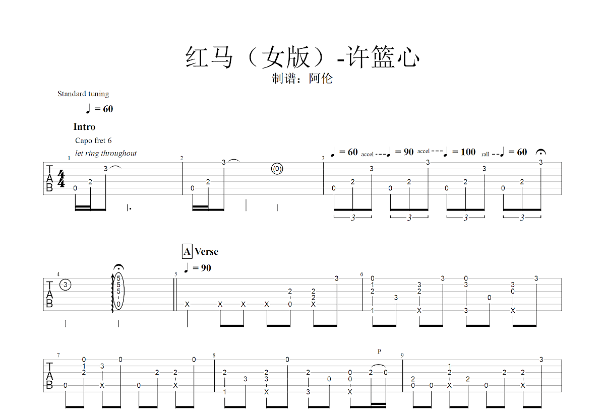 红马吉他谱预览图