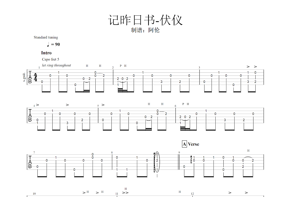 记昨日书吉他谱预览图