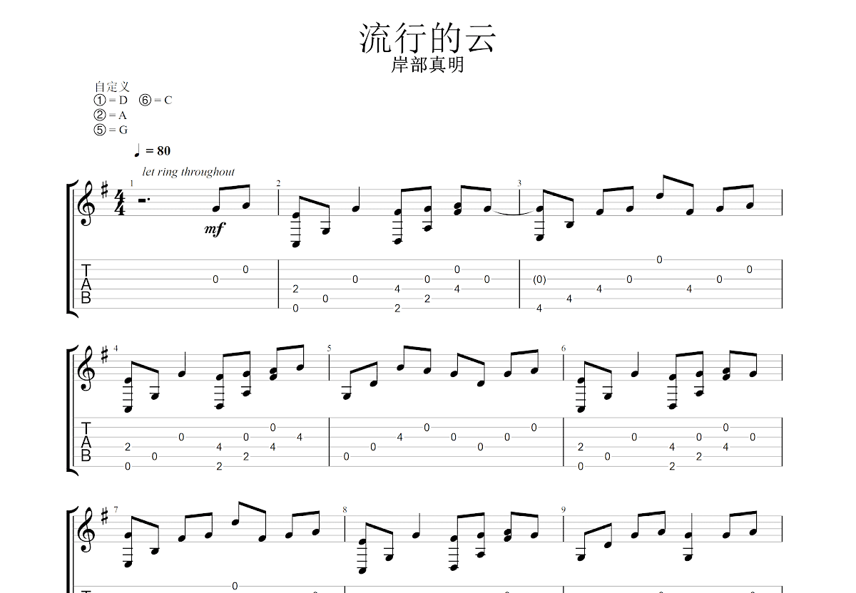 流行的云吉他谱_岸部真明_G调指弹