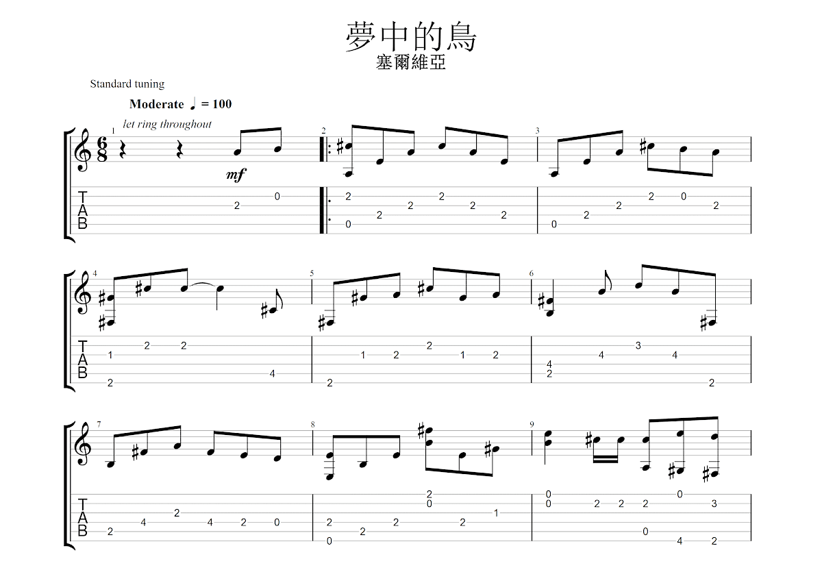 夢中的鳥吉他谱预览图