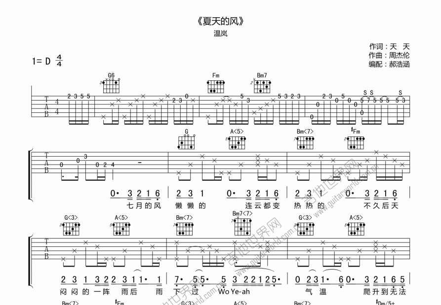 夏天的风吉他谱预览图