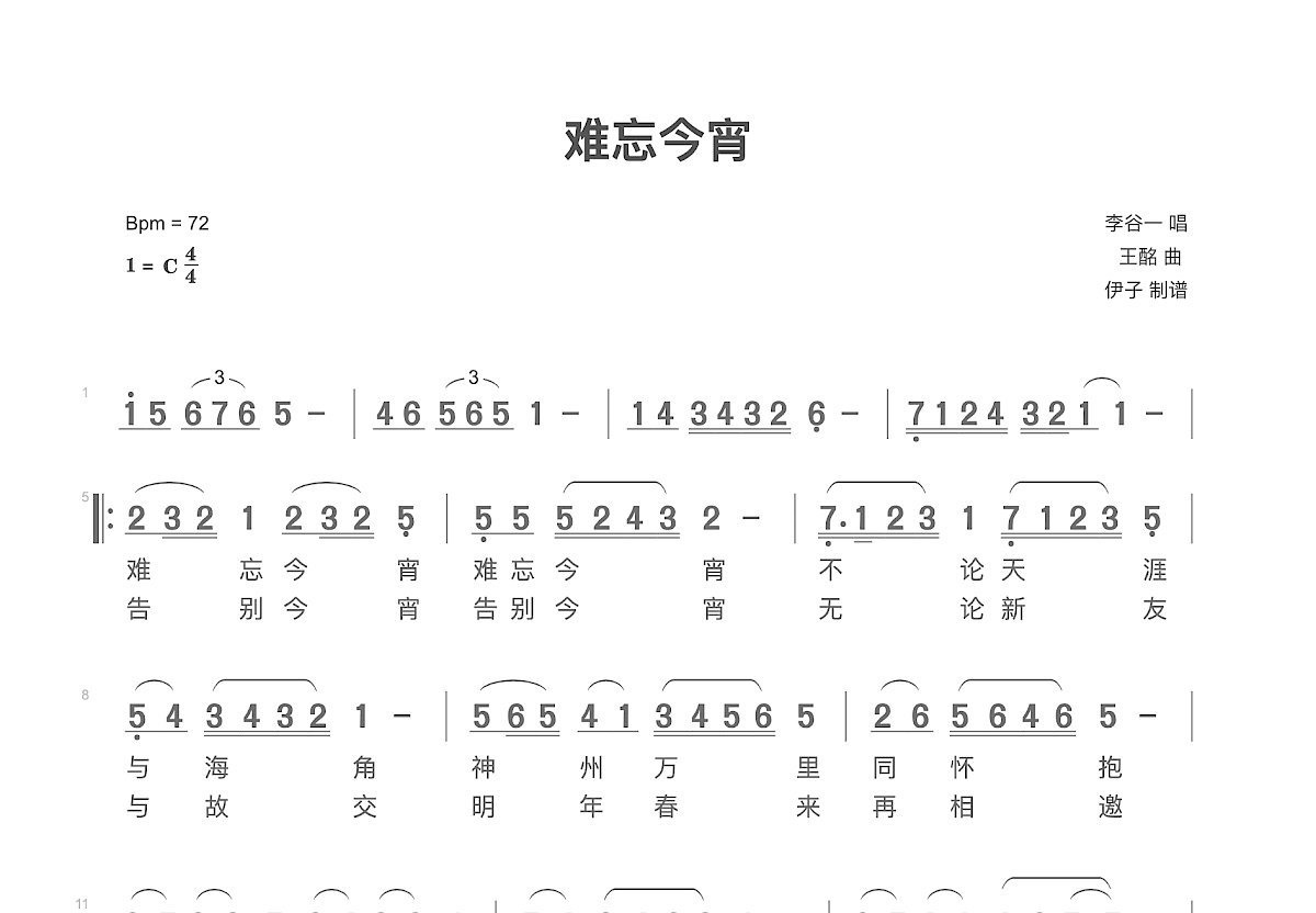 难忘今宵简谱预览图