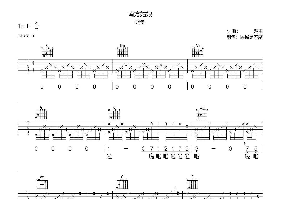 南方姑娘吉他谱预览图