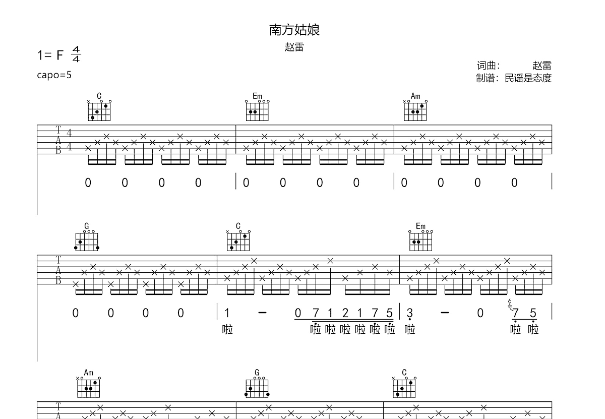 南方姑娘吉他谱预览图