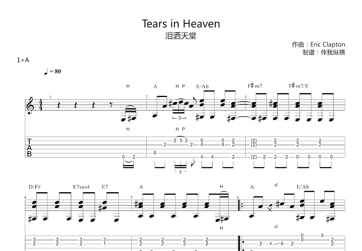 Tears in Heaven吉他谱预览图