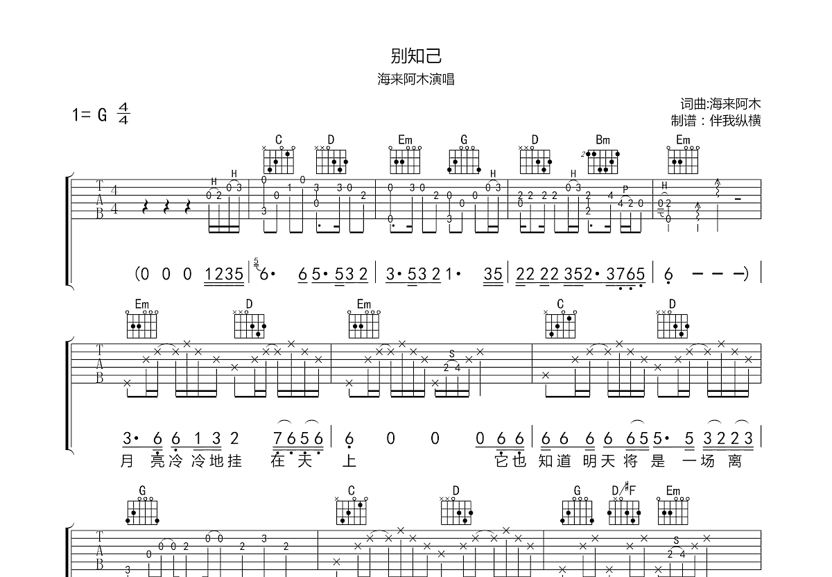 别知己吉他谱预览图