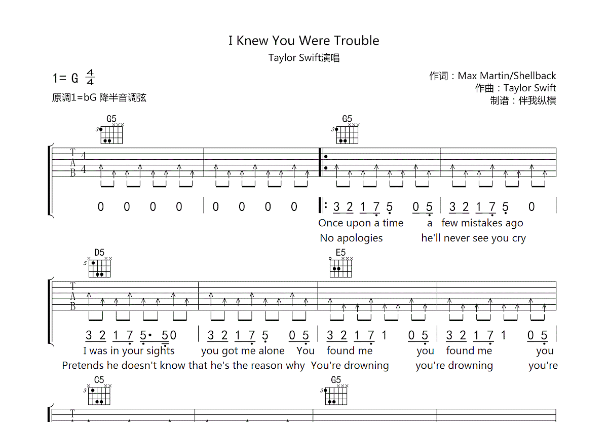 I Knew You Were Trouble吉他谱预览图