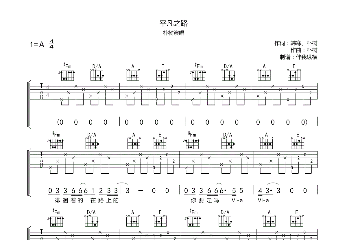 平凡之路吉他谱预览图