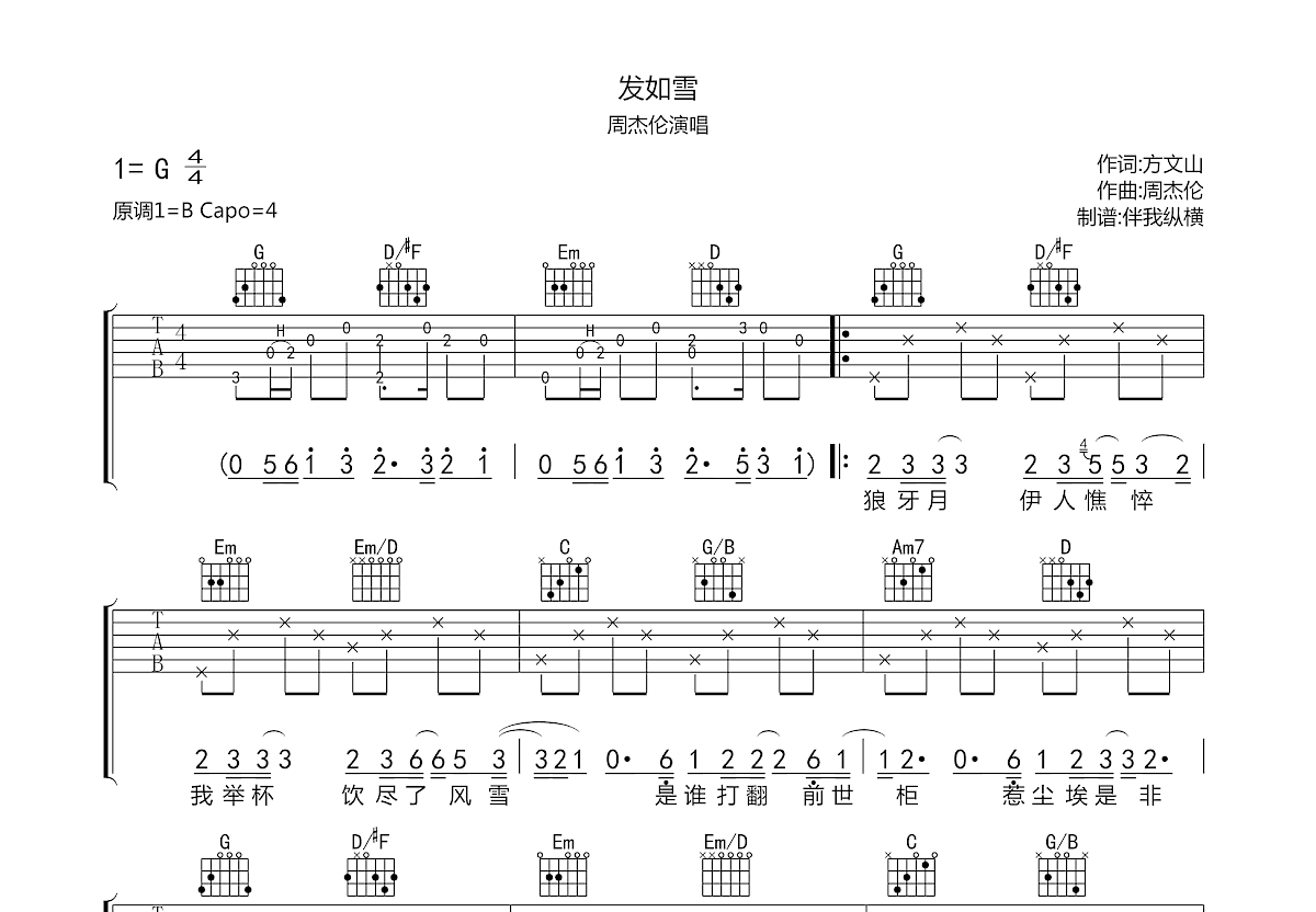 发如雪吉他谱预览图