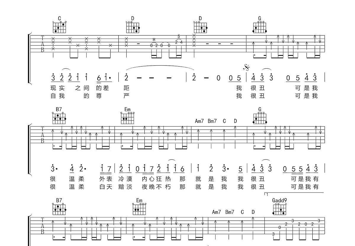我很丑，可是我很温柔吉他谱预览图