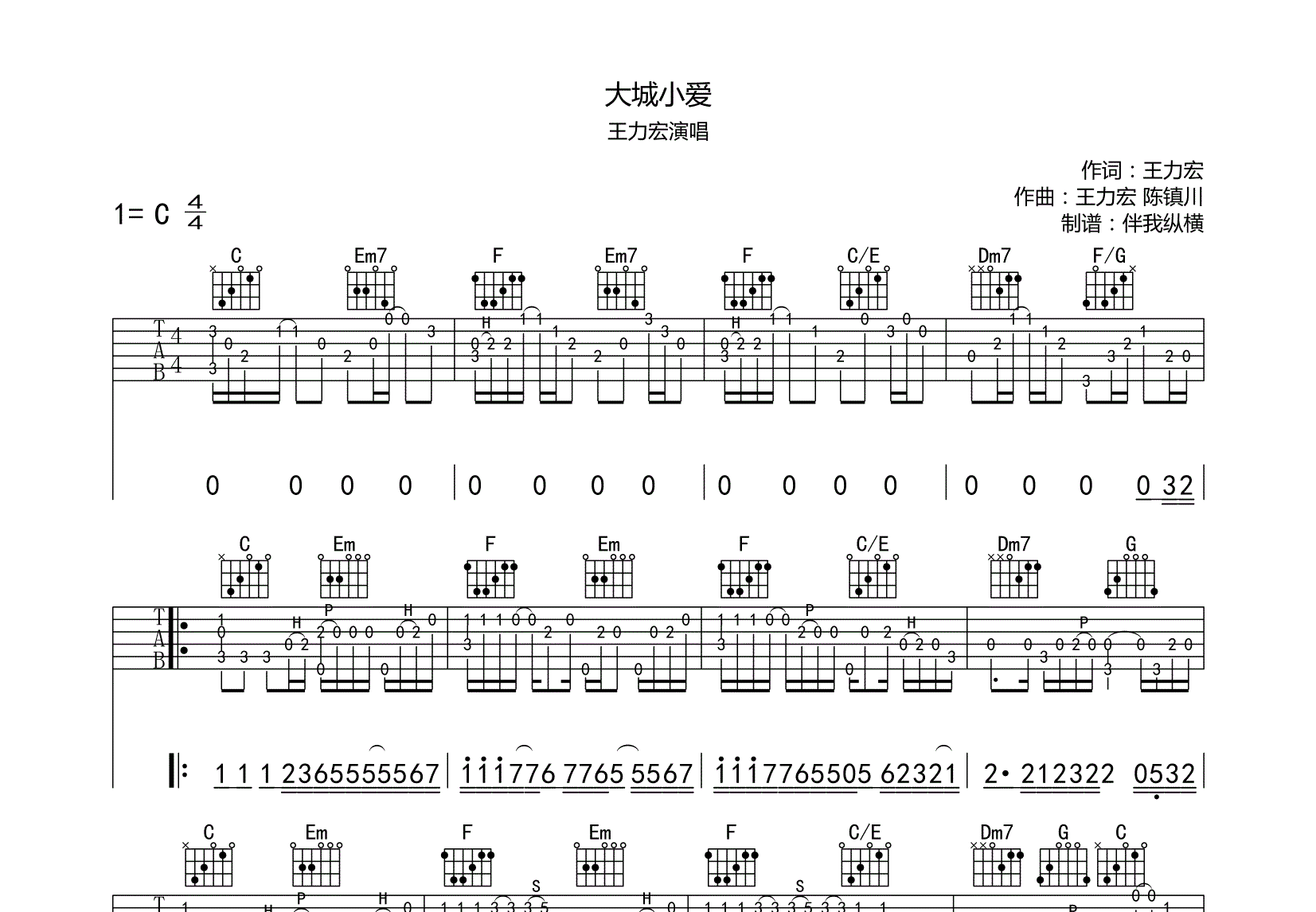 大城小爱吉他谱预览图