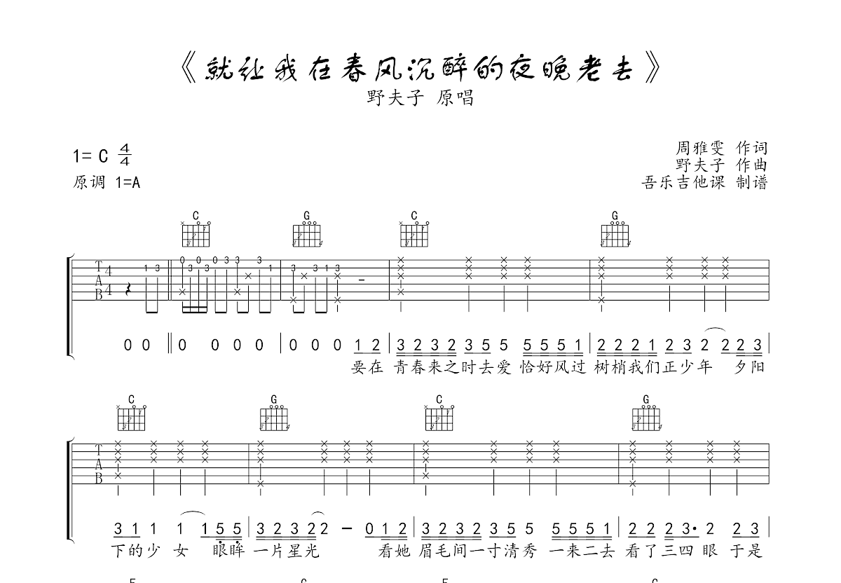 就让我在春风沉醉的夜晚老去吉他谱预览图